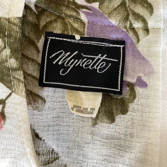 VTG Mynette Women's 14 Dress Sheer Tropical Floral Cream Flutter Sleeve 70's - Picture 12 of 14